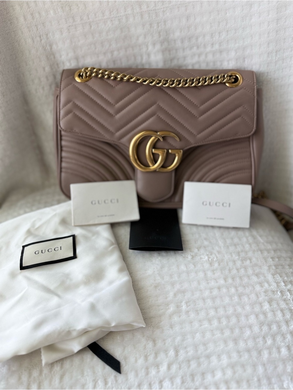 Authentic Gucci GG Marmont Medium Matelassé Shoulder Bag taupe FULL SET flap bag